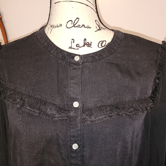 Black Denim Ruffled Button Blouse Large - Picture 2 of 5
